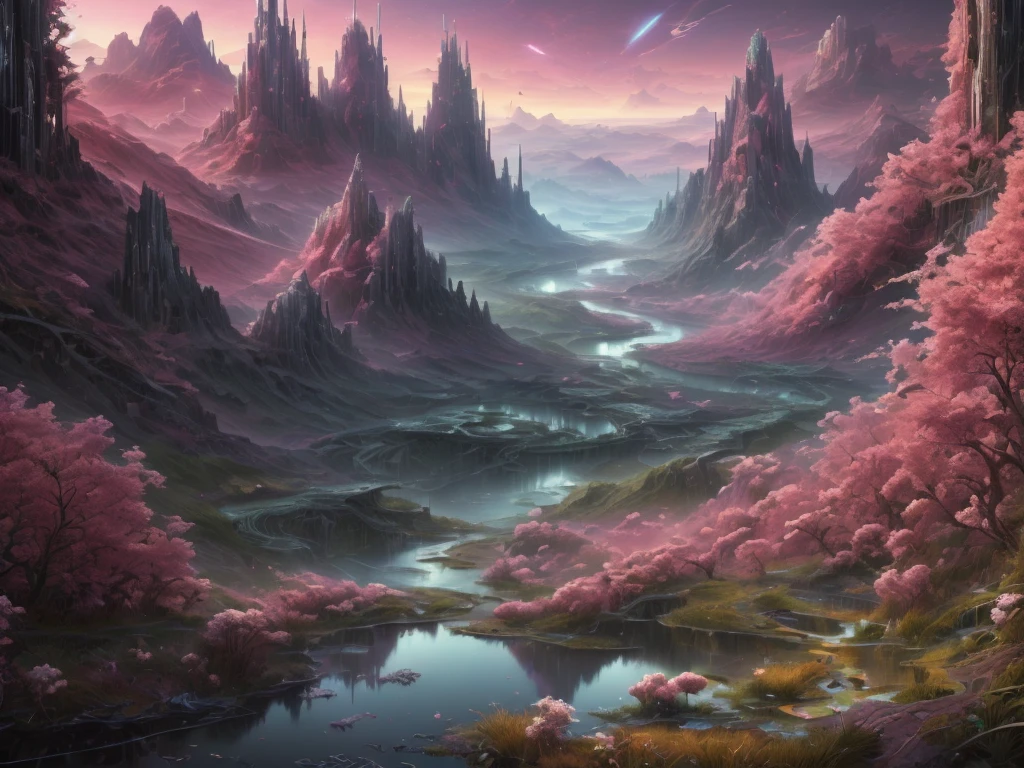 ((best quality)), ((masterpiece)), ((realistic,digital art)), (hyper detailed),DonMR0s30rd3r  Mythical Landscapes Hiking Path,Valley,Dawn,Marsh Birds, octane rendering, raytracing, volumetric lighting, Backlit,Rim Lighting, 8K, HDR 