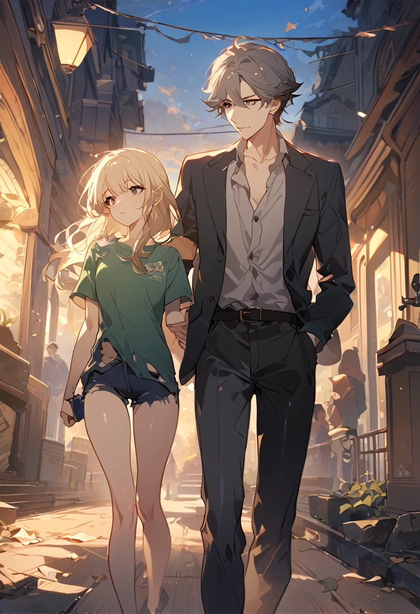 masterpiece, best quality, 8k ,4k, 2 boys, elf boys, long ears elf, twin elf, (one boy dark grayish hair with dark greenish eyes, torn and worn out clothes, thin body), (one boy light blond hair with dark bluish eyes, clean and neat clothes), stand side by side, holding hand, inspired by Asukaziye artist : ask, art style : ask