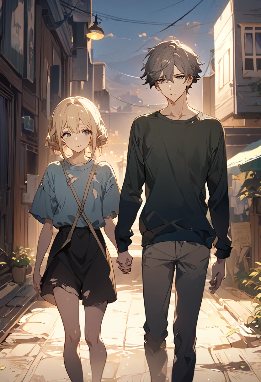 masterpiece, best quality, 8k ,4k, 2 boys, elf boys, long ears elf, twin elf, (one boy dark grayish hair with dark greenish eyes, torn and worn out clothes, thin body), (one boy light blond hair with dark bluish eyes, clean and neat clothes), stand side by side, holding hand, inspired by Asukaziye artist : ask, art style : ask