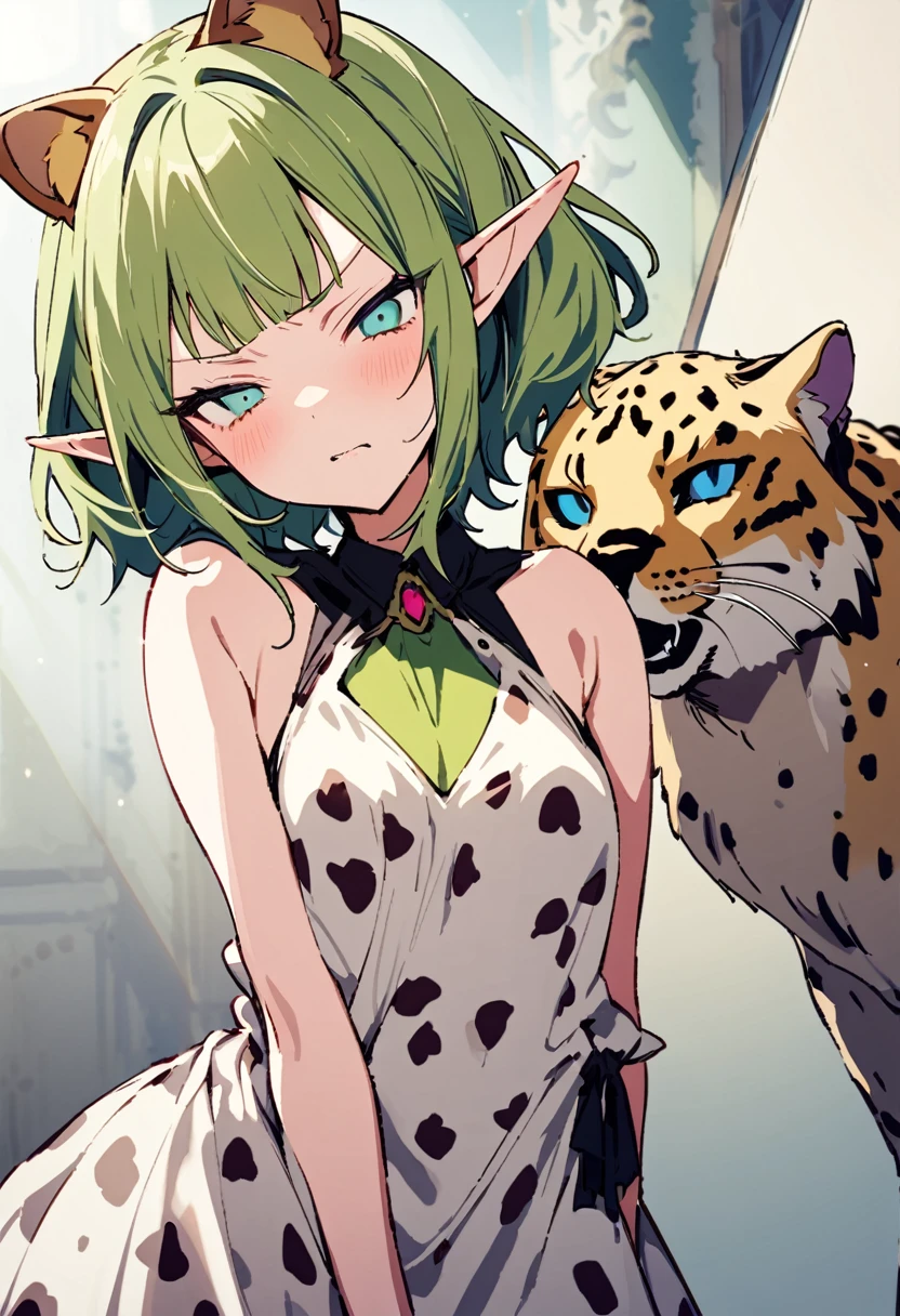 masterpiece, Highest quality, Illustration of the novel, High resolution, 18+ Adult content, Sensual, Intimate, Emotional, Passionate, romantic, sweet, Adorable, Innocent, Pure, charmな, charmな, charm, mysterious, charmな, charmな, Immersive, charmな, dream-like, Surreal, Imaginative, Whimsical, Artistic, Avant-garde, timeless, elegant, Sophisticated, chic, Sophisticated, Personality, original, charmな,((Loli Elf:1.3)),((A look of disgust:1.3))、Upper Body、(A Cheetah/A cheetah/Cheetah Dress:1.3)
