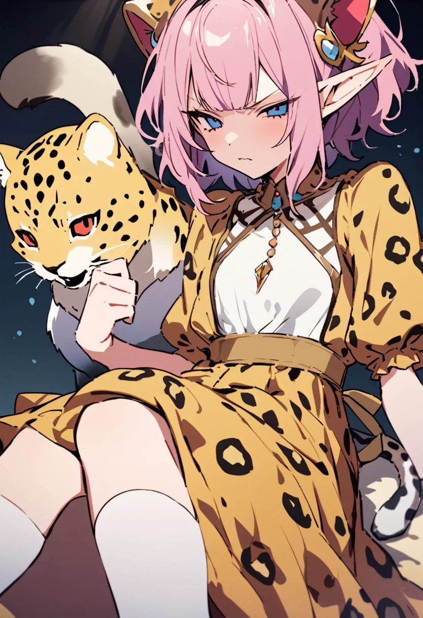 masterpiece, Highest quality, Illustration of the novel, High resolution, 18+ Adult content, Sensual, Intimate, Emotional, Passionate, romantic, sweet, Adorable, Innocent, Pure, charmな, charmな, charm, mysterious, charmな, charmな, Immersive, charmな, dream-like, Surreal, Imaginative, Whimsical, Artistic, Avant-garde, timeless, elegant, Sophisticated, chic, Sophisticated, Personality, original, charmな,((Loli Elf:1.3)),((A look of disgust:1.3))、Upper Body、(A Cheetah/A cheetah/Cheetah Dress:1.3)