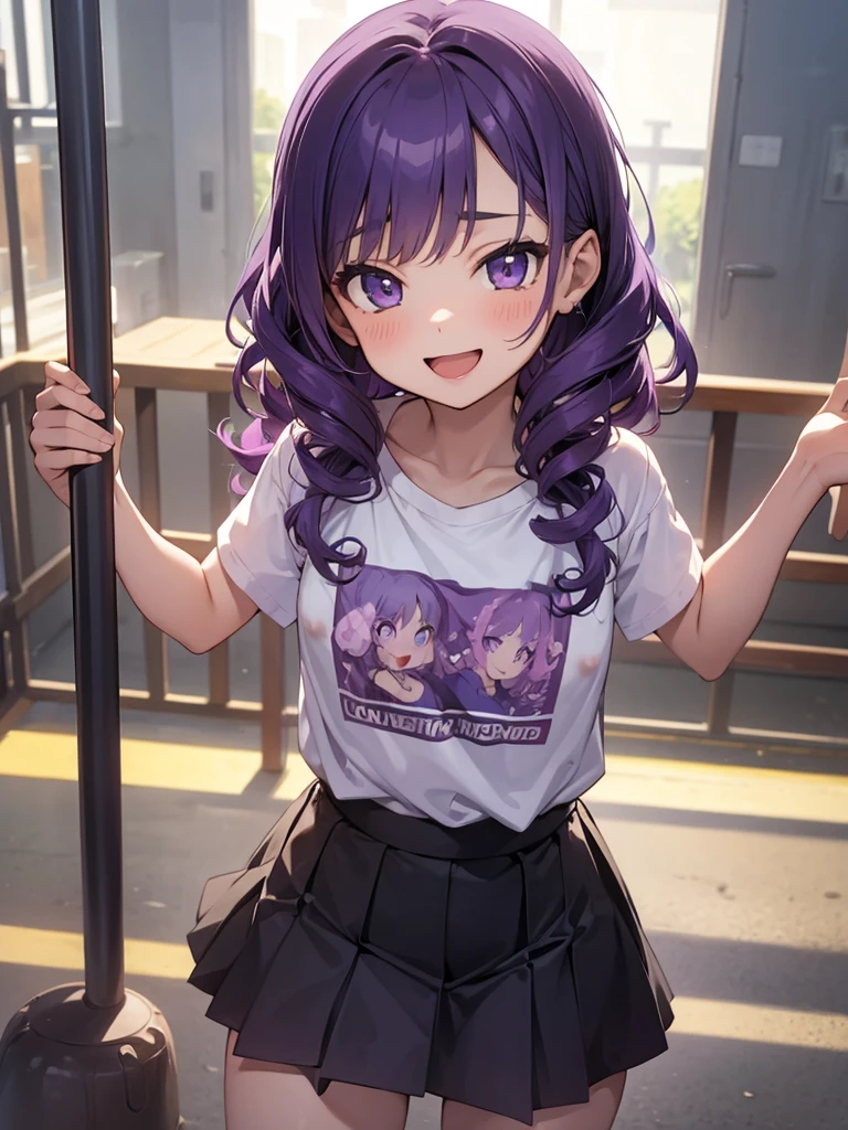 masterpiece, best quality, solo, (little girl), purple hair, curly hair, cowboy shot,
 smile, open mouth,, standing, t-shirt lift, (flat chest), nipples, miniskirt, playground,
