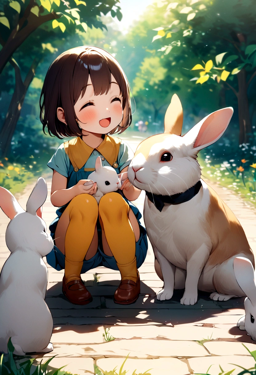 Some children are busy feeding rabbits in the park。The rabbit&#39;s movements and cuteness delighted the children。