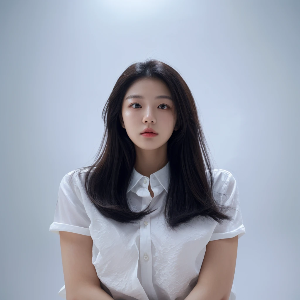 Best Quality, 8k, Masterpiece, (Portrait: 1.3), (photo realistic:1.4), (hyper realistic:1.4), Sharp Focus, looking at viewer, (smoother lighting:1.1), (increase cinematic lighting quality:0.9), realistic lighting, backlighting, light on face, ray trace, (brightening light:1.2), (Increase quality:1.4), sharp detail, (best quality real texture skin:1.4), finely detailed eyes, black_eyes, finely detailed face, 25 year old Korean woman, (white formal_shirt:1.4), (Create an image maintaining the orig