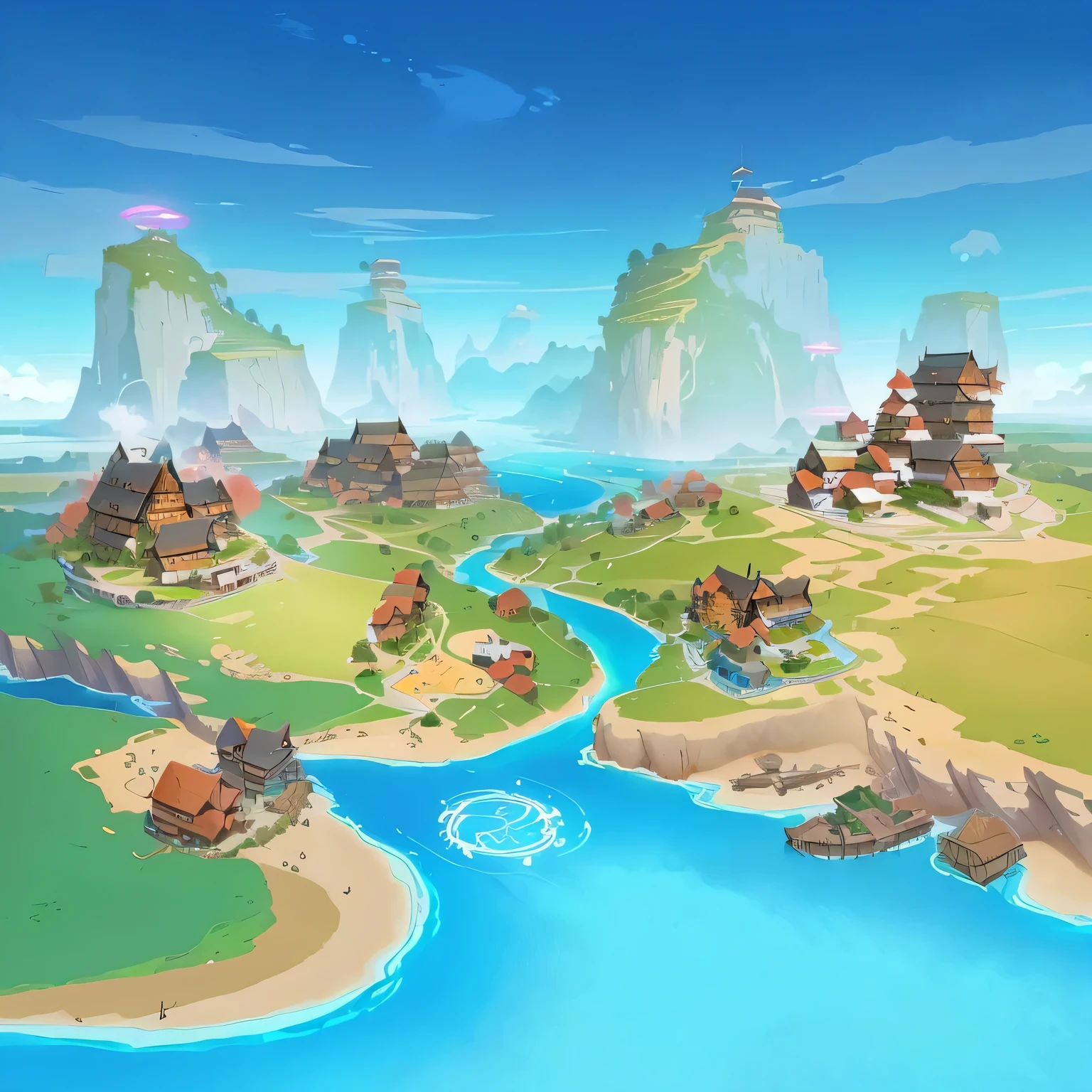 Cartoon illustration：A small town on an island with a river, Mobile game background, Mobile Game Art, game illustration, Game Map, Island Background, Fantasy world concept, Game image, mobile game asset, Official screenshots, Stylized game art, Screenshots, Map of the fantasy world, Magic battlefield background, Game Map matte painting, Detailed game art