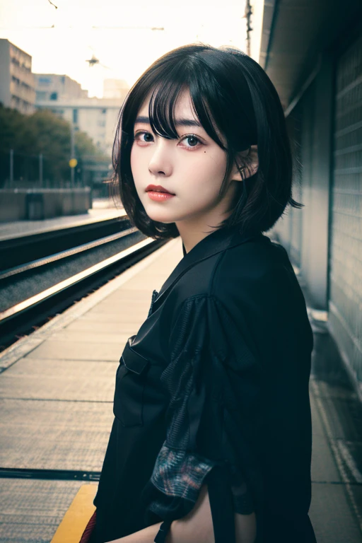 Mikasa,19 year old young woman , Best quality, High resolution, Short hair, Black eyes, look at the viewer, wearing a black shirt , railway ,beauty, Highest quality , high resolution