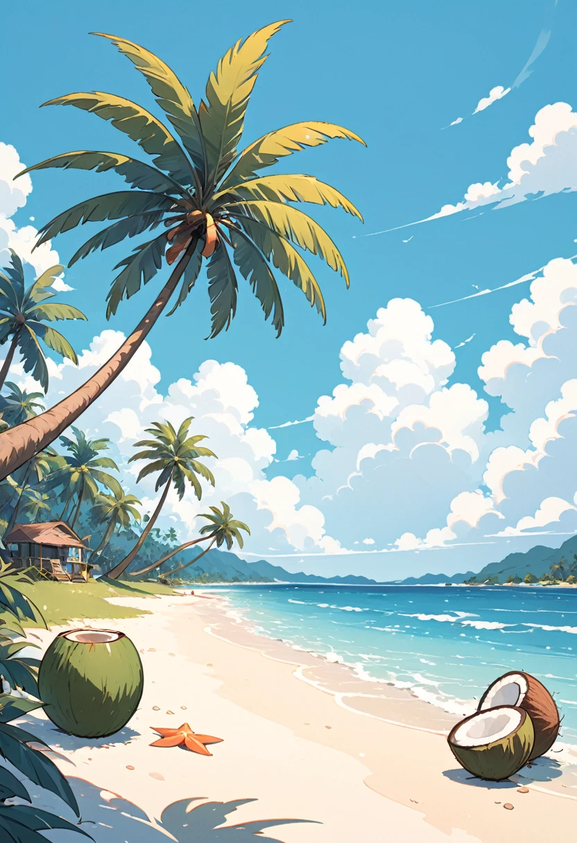 coconut tree，Cartoon，summer，Illustration style，Blue seaside，White clouds，Simple picture，Fresh；