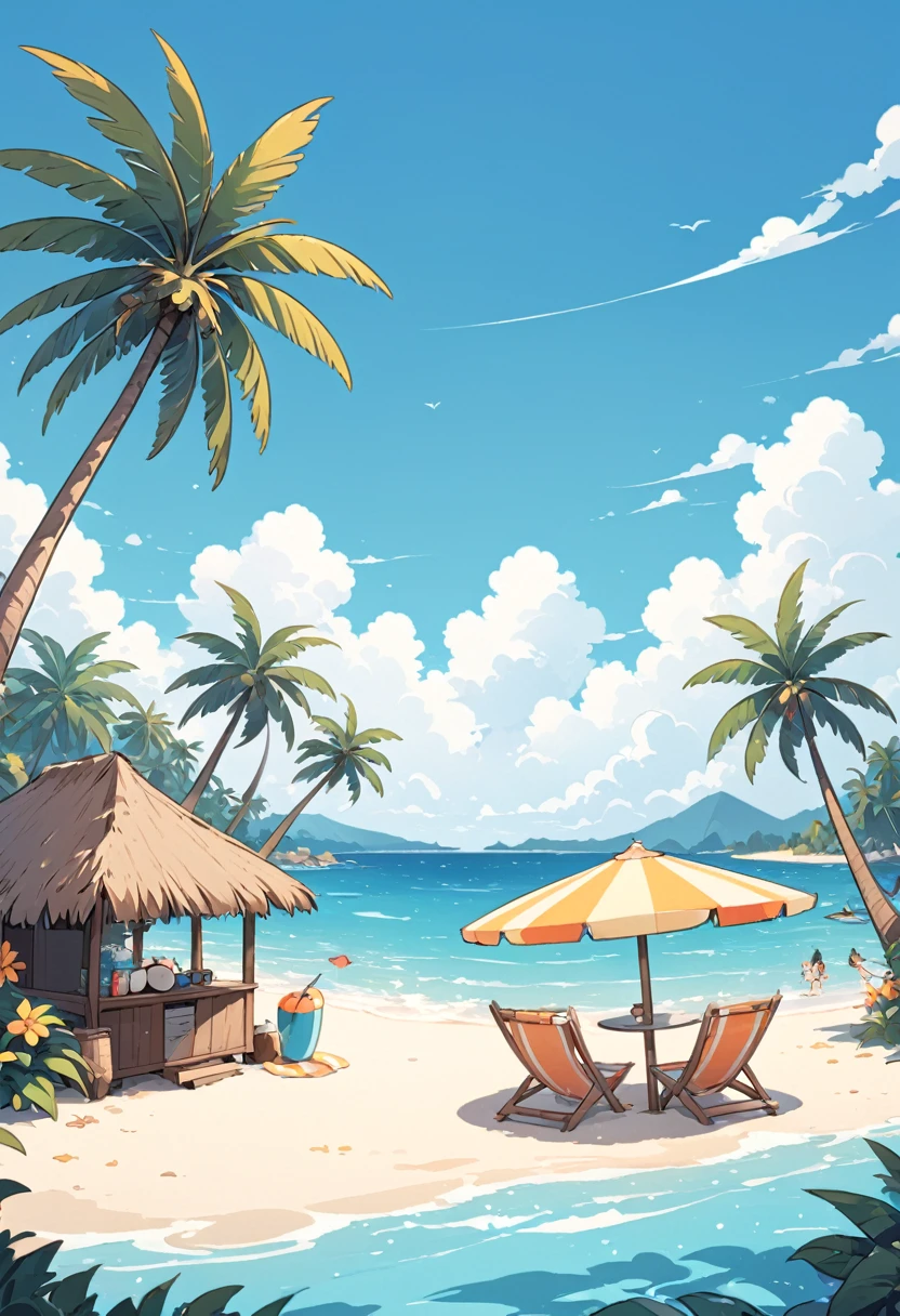 coconut tree，Cartoon，summer，Illustration style，Blue seaside，White clouds，Simple picture，Fresh；