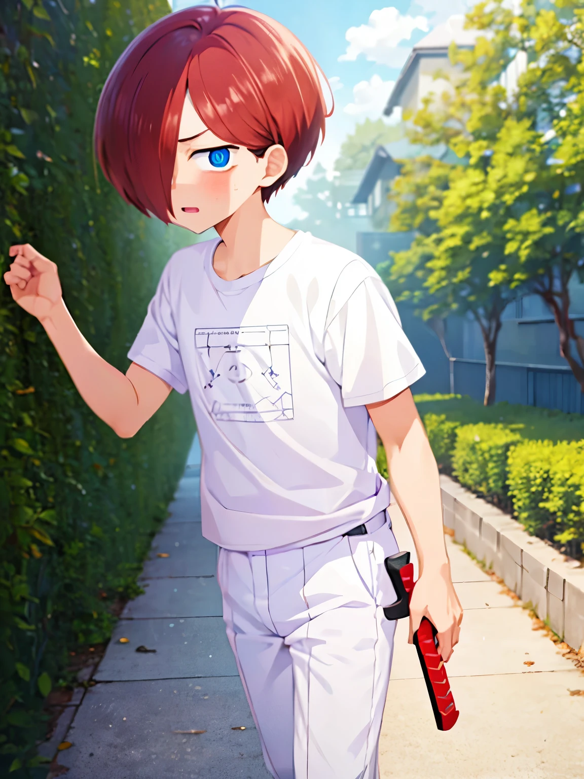 1boy, solo, male focus, kyoutarou_ichikawa, red hair, blue eyes, short hair, hair over one eye, bangs,Standing in the kingdom, White t-shirt, white trousers, holding a sword