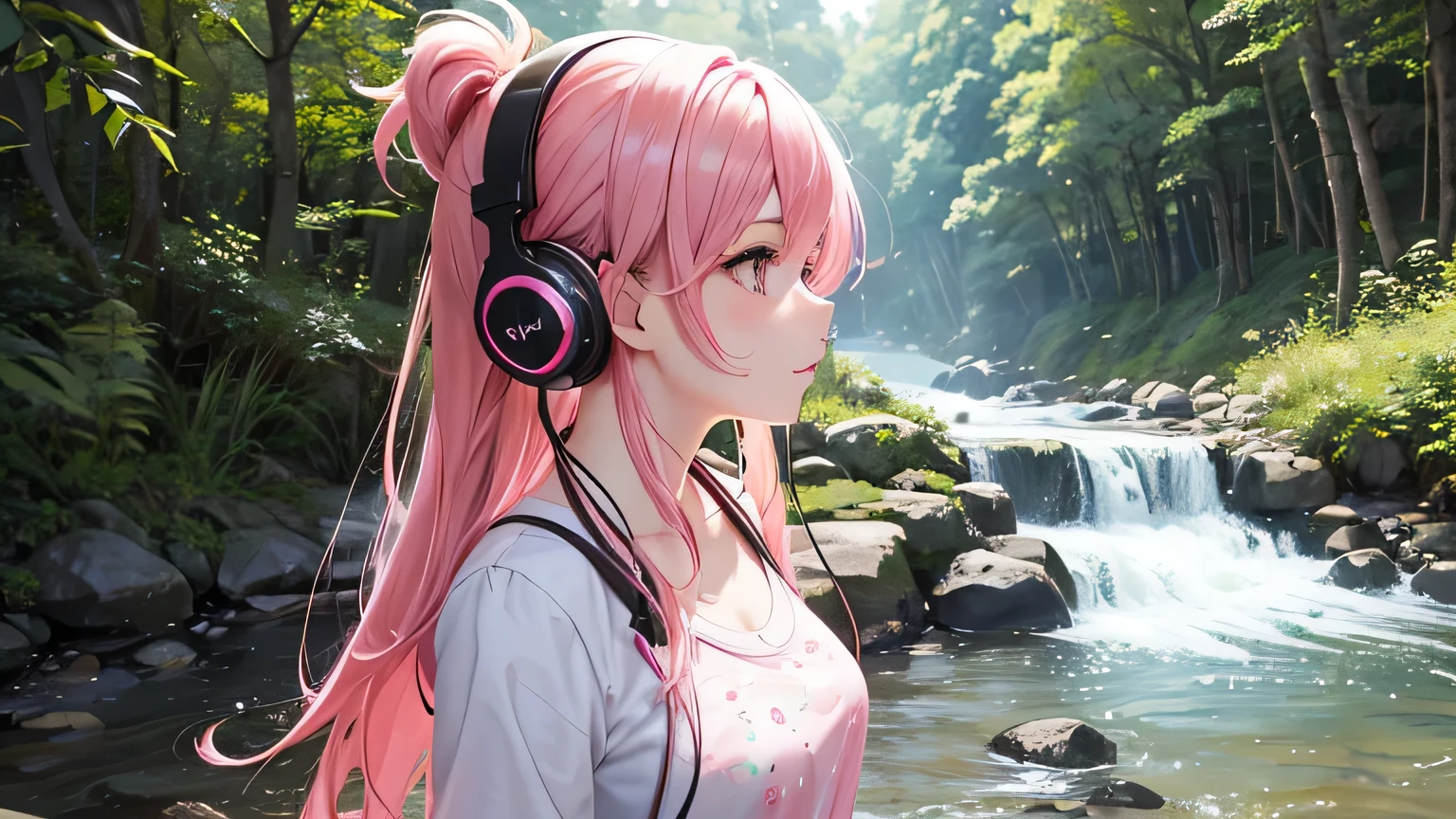 A pretty girl with pink hair wearing headphones is listening to music。A bright forest and a river flow in the background.。Animals are gathering around the beautiful girl.。