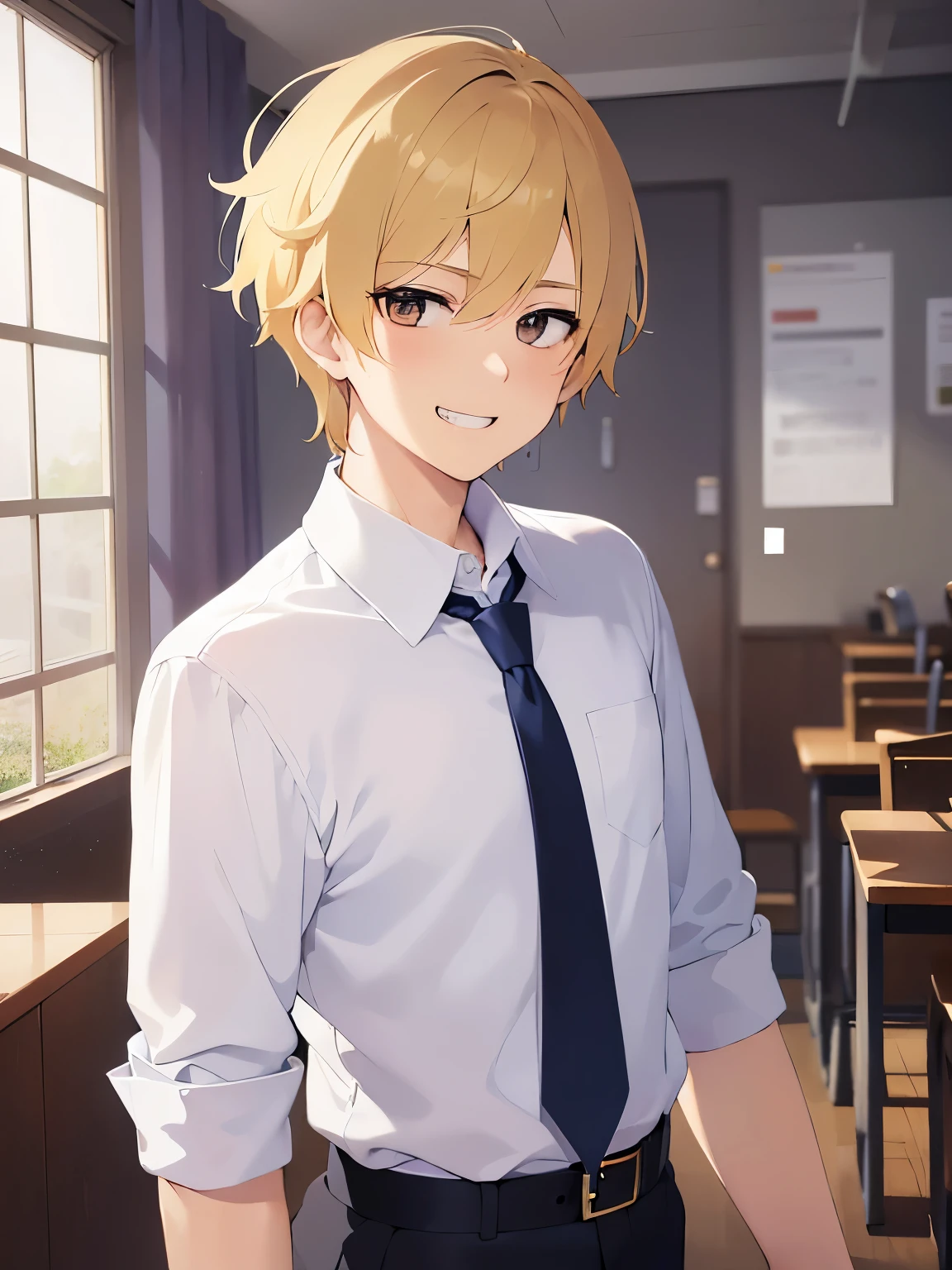 upper body、shiny skin、masterpiece、Highest quality、BREAK (18-year-old male:1.5) and (Blonde short hair) and (Brown eyes) and (jitome), BREAK high school, (white collared shirt) and (Blue tie) BREAK 立っている、(grin:1.5), The background is a school classroom、(alone:1.5)、Upper body is shown、