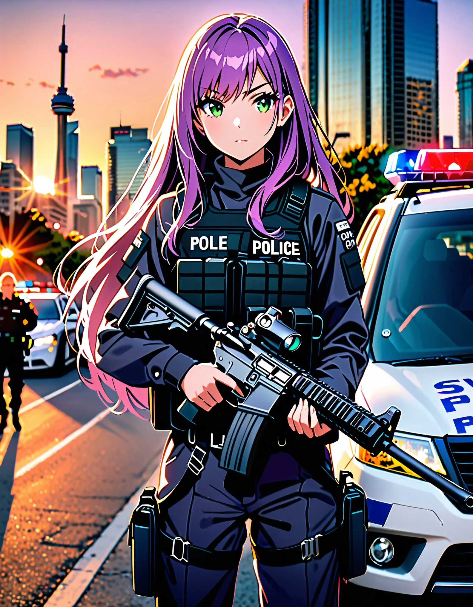 (masterpiece), (best quality), (hires), 1girl, solo focus, canadian police officer, SWAT uniform, SWAT gear, pants, purple hair with blue accents, long hair, green eyes, perfect hands, complete fingers, (holding weapon, m4 carbine), (in front of a patrol car), toronto city backdrop, cowboy shot, sunset, pixel-perfect, detail-perfect, curious look on her face, ultra highres, absurdres, beautiful face, detailed eyes, symmetric eyes, perfect body, good proportions