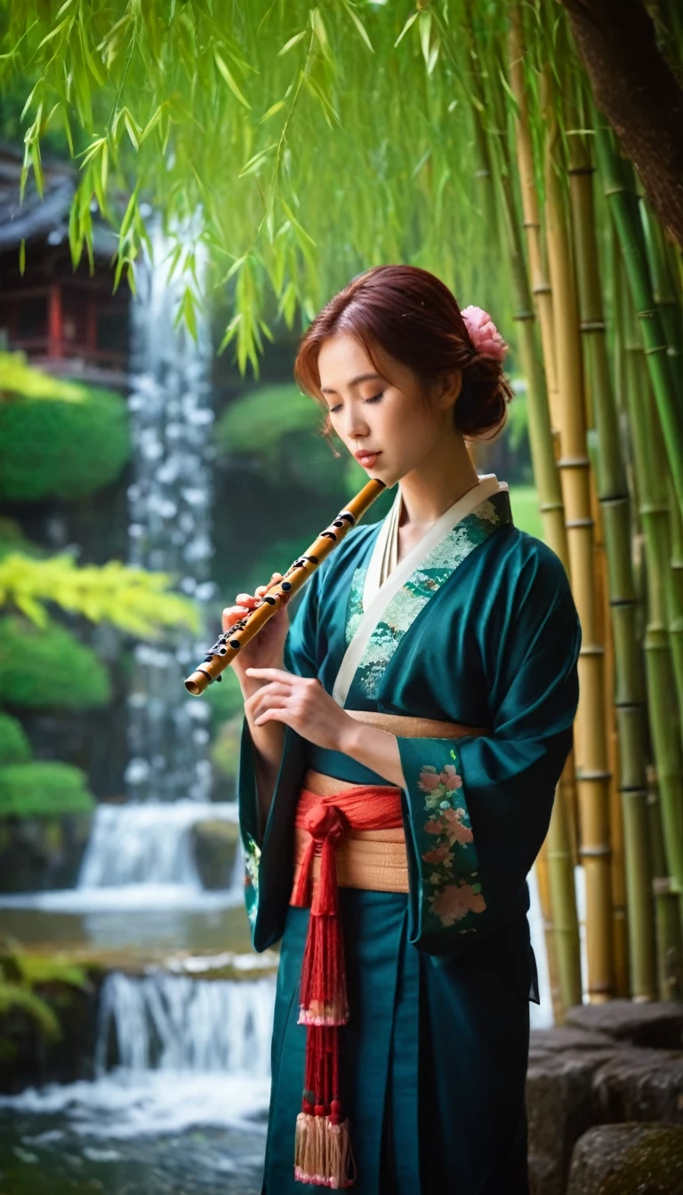 girl in traditional Japanese dress playing bamboo flute, large cherry tree, flowing waterfall, ancient house lit up with lights, reddish brown, medium length hair, wavy hair, no bangs, green eyes. beautiful girl, detailed eyes, detailed face, detailed hands, quiet morning atmosphere, electronic focus, warm light, elegant rose petals, Japanese natural garden, majestic beautiful blue lake in the background, peaceful mountains, mysterious mist, warm color effect, delicate bokeh effect, shallow DOF, Takashi Hiroaki's style, Japanese ink painting, high contrast, cinematic, surreal, 8k, detailed texture, vibrant colors, intricate details, natural atmosphere