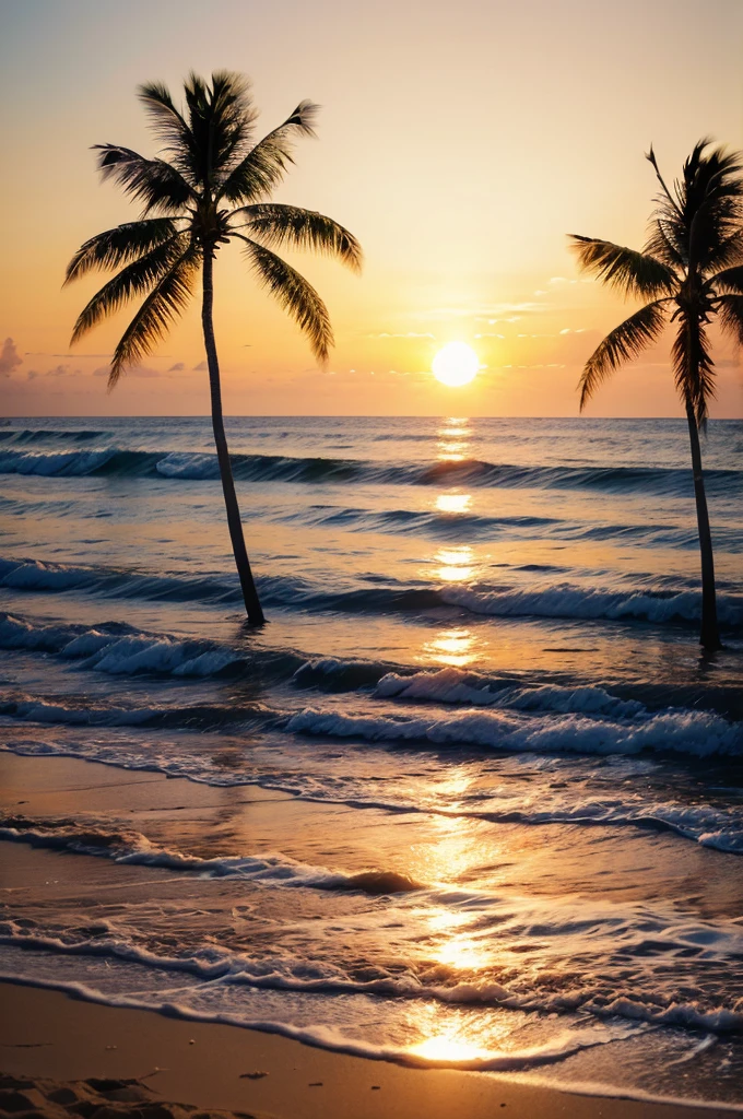 beautiful sunset on a beach,serene ocean waves,soft golden sand,tropical palm trees,silhouettes of a couple enjoying sex