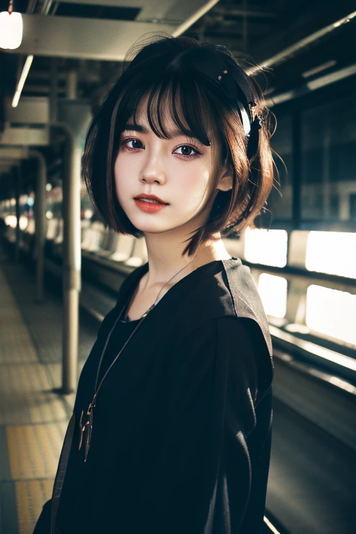 Mikasa,19 year old young woman , Best quality, High resolution, Short hair, Black eyes, look at the viewer, wearing a black shirt , railway ,beauty, Highest quality , high resolution
