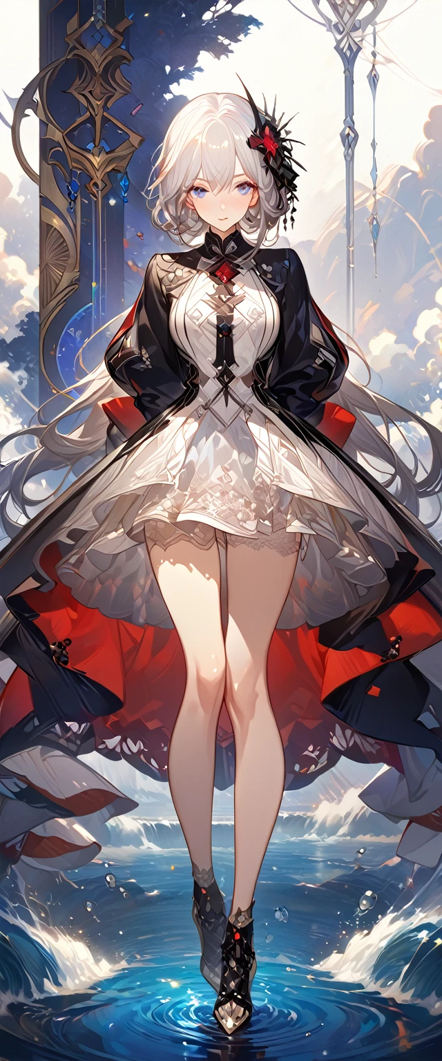best quality ,masterpiece, illustration, an extremely delicate and beautiful, extremely detailed ,CG ,unity ,8k wallpaper, Amazing, finely detail, masterpiece, best quality, official art, extremely detailed CG unity 8k wallpaper, solo, thigh focus, (full body), arms behind back, white background, finely detailed face and eyes, extreme detail, detailed face, detailed hair, detailed clothes, high quality, slim body, water, masterpiece:1.3, focus:1.2, skirt, short skirt, transparent skirt, lace skirt, all kind of pose, big , hair ornament, meticulous clothes, inspired by Asukaziye artist : ask, art style : ask
