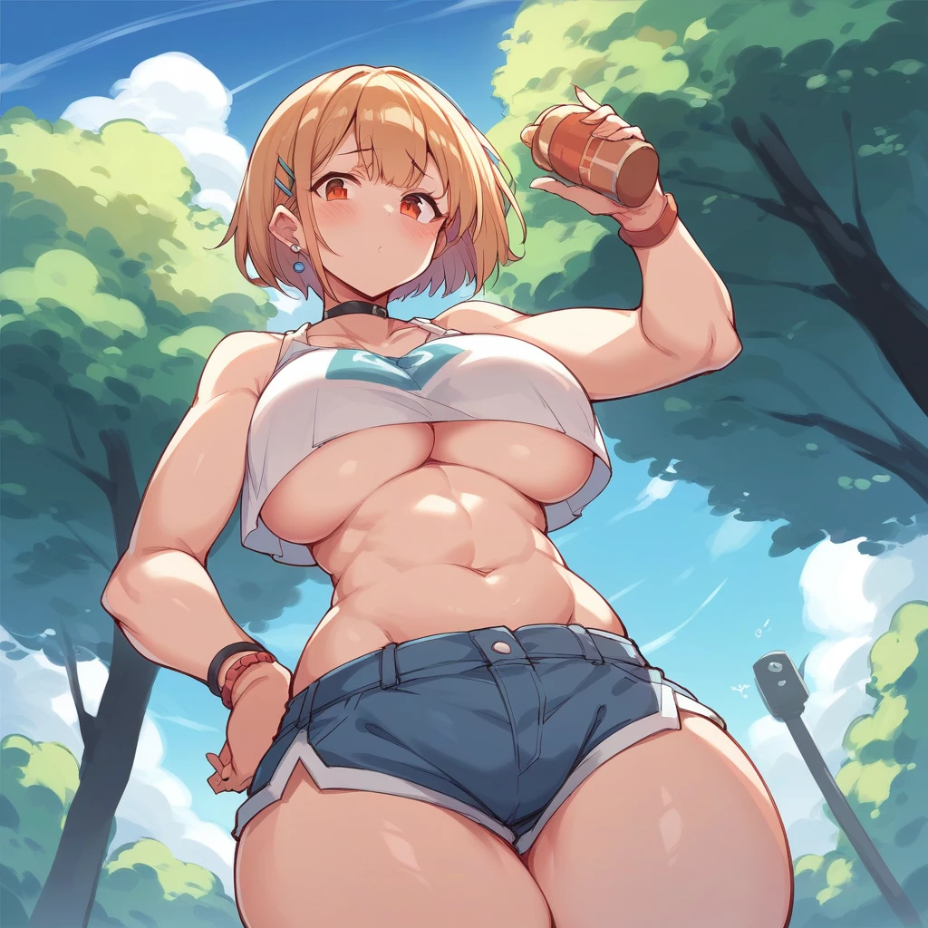 score_9, score_8_up, source_anime, solo, female, huge bureasts, crop top, under boob, outdoors, from below