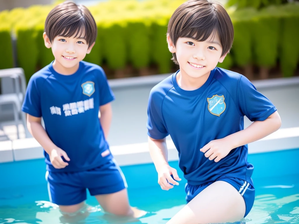 夏休みのprimary school校、Pool、primary school5Grade、Japan Boy、The water feels good、hot day、Two Boys、Various poses、Short sleeve gym uniform、Blue shorts、physical education、barefoot,(Boy 1.4)、Boys only 、(10Age 1.4)
