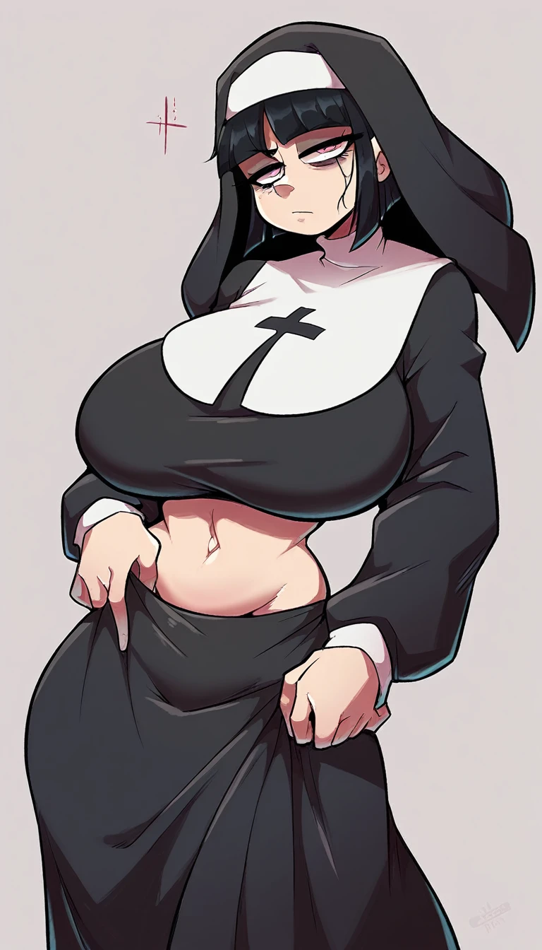 a gigantic woman nun big breast sexy bored serious sad emo sleepless eye sleep tired short black hair her pink eye dresses nuns suit shows navel and a long black skirt