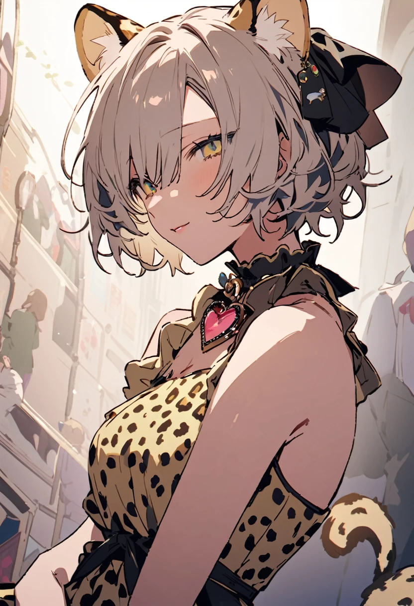 masterpiece, Highest quality, Illustration of the novel, High resolution, 18+ Adult content, Sensual, Intimate, Emotional, Passionate, romantic, sweet, Adorable, Innocent, Pure, charmな, charmな, charm, Mysterious, charmな, charmな, Immersive, charmな, dream-like, Surreal, Imaginative, Whimsical, artistic, Avant-garde, timeless, elegant, Sophisticated, chic, Sophisticated, Personality, original, charmな,((A Cheetah/A cheetah/Cheetah Dress:1.3))、Upper Body、(a bit)