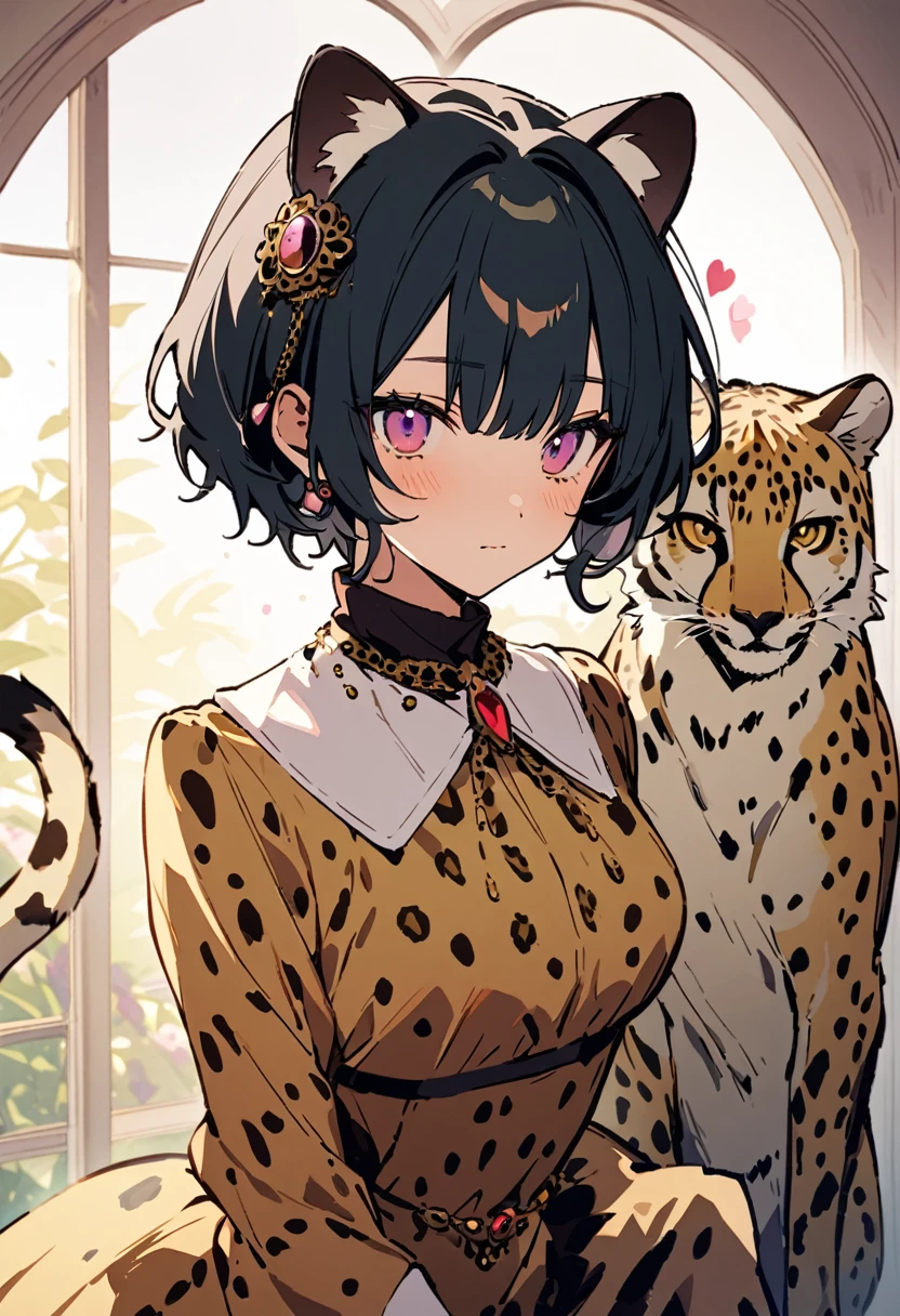 masterpiece, Highest quality, Illustration of the novel, High resolution,  , Sensual, Intimate, Emotional, Passionate, romantic, sweet, Adorable, Innocent, Pure, charmな, charmな, charm, Mysterious, charmな, charmな, Immersive, charmな, dream-like, Surreal, Imaginative, Whimsical, artistic, Avant-garde, timeless, elegant, Sophisticated, chic, Sophisticated, Personality, original, charmな,((A Cheetah/A cheetah/Cheetah Dress:1.3))、Upper Body、(a bit)