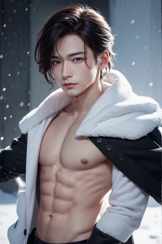 Create a handsome man, skin clear as snow, Eyes red, hair as dark as night