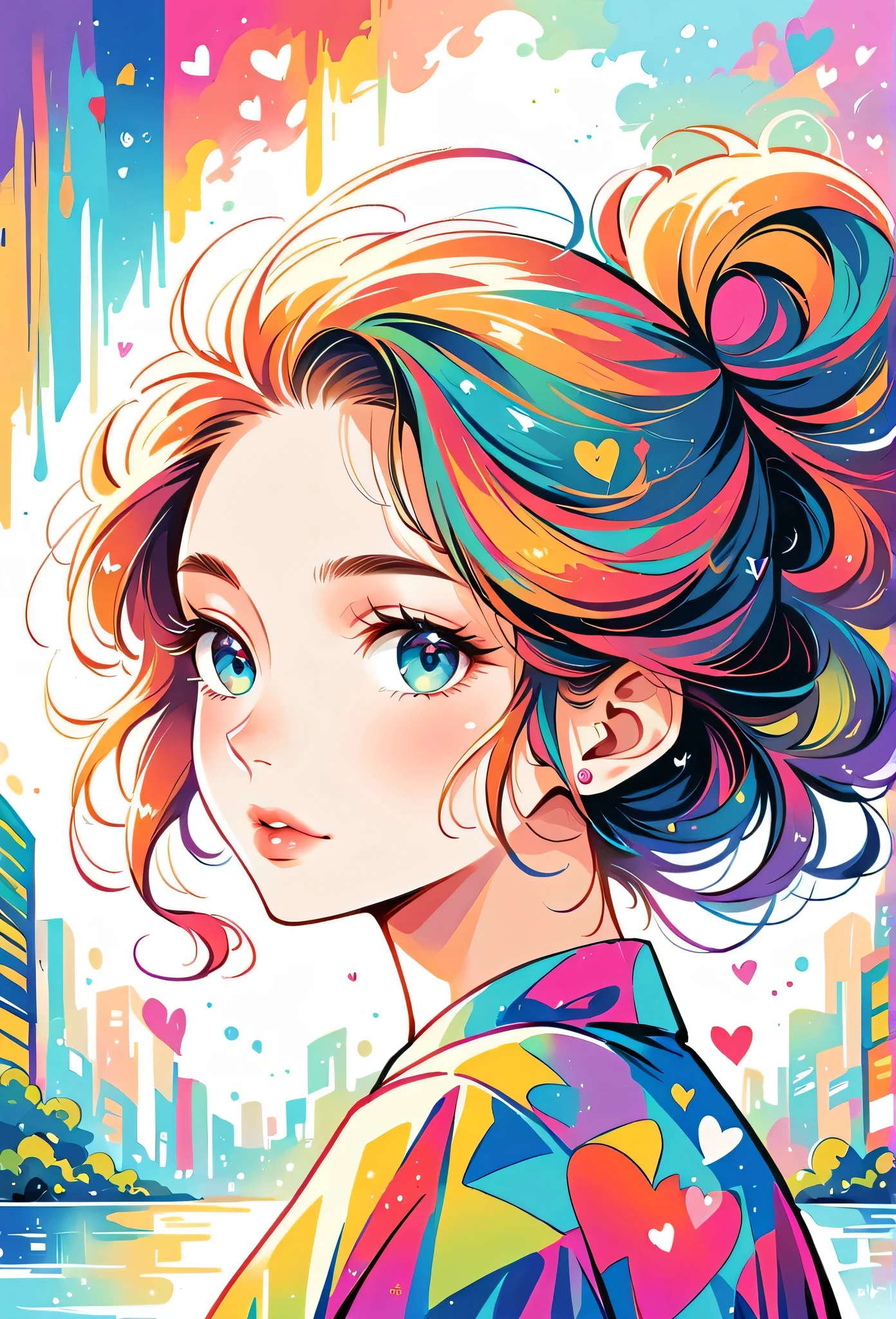 Mai Yoneyama Style、The most beautiful girl of all time、Lips in Love、Colorful hearts、Simple line initials、Abstract art、Urban Background