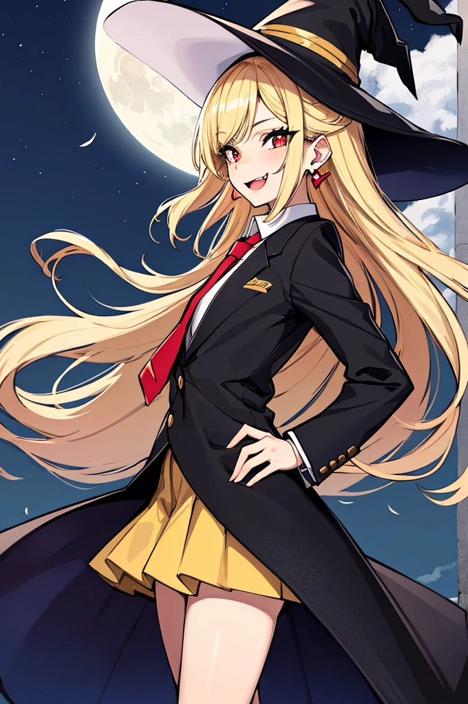 (absurdres, 8k, 4k, masterpiece, hyper extreme detailed:1.2), solo, 1girl, side view, perfect face, 1girl, portrait, looking at viewer, standing, Female, Mature Female, very long hair, 8k uhd, 1girl, slender, cowboy shot, standing, half body, front view, red tie, night sky, moon, stockings, big witch hat, witch, blonde hair, piercings, earrings, detailed eyes, expressive eyes, colorful pupils, blazer, skirt, smile, fang tooth, red eyes, earrings, hand on hip, flat chest, looking forward, front view, messy hair, wind, windy, moving hair, moving clothes, swept bangs, mature body, gyaru, crazy face, crazy eyes, crazy smile, 