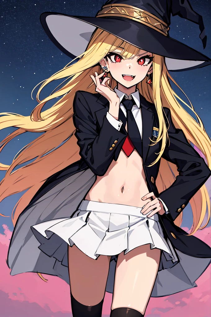 (absurdres, 8k, 4k, masterpiece, hyper extreme detailed:1.2), solo, 1girl, side view, perfect face, 1girl, portrait, looking at viewer, standing, Female, Mature Female, very long hair, 8k uhd, 1girl, slender, cowboy shot, standing, half body, front view, red tie, night sky, moon, stockings, big witch hat, witch, blonde hair, piercings, earrings, detailed eyes, expressive eyes, colorful pupils, blazer, skirt, smile, fang tooth, red eyes, earrings, hand on hip, flat chest, looking forward, front view, messy hair, wind, windy, moving hair, moving clothes, swept bangs, mature body, gyaru, crazy face, crazy eyes, crazy smile,