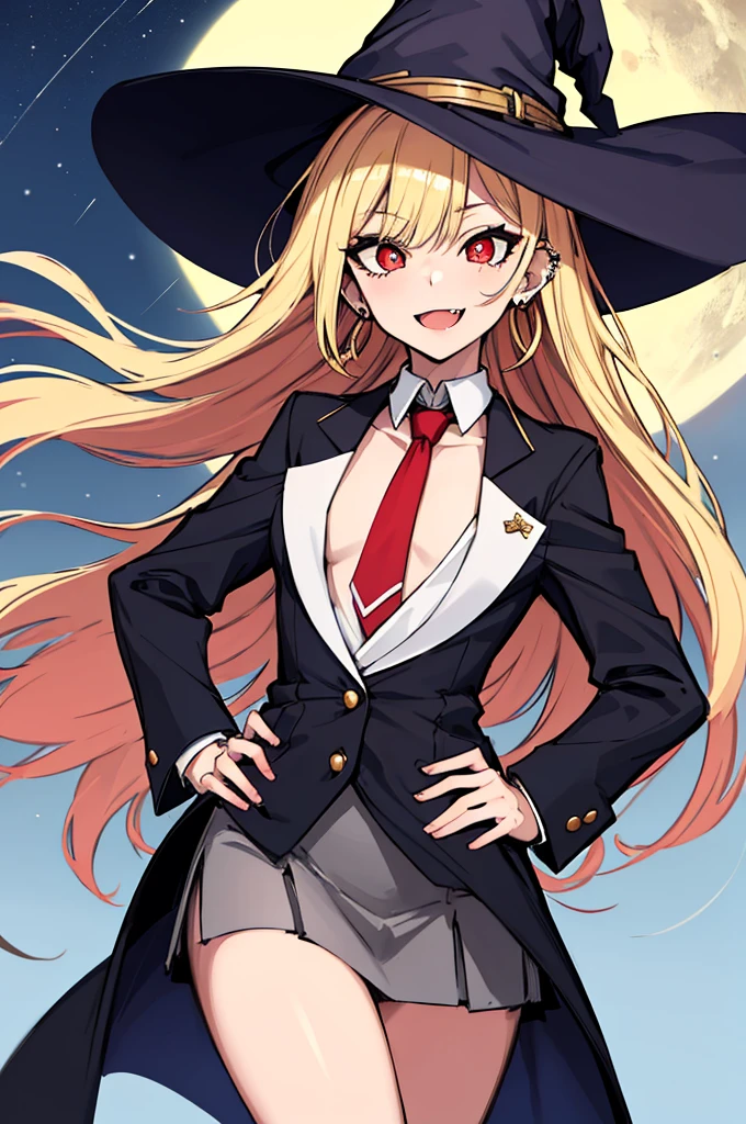 (absurdres, 8k, 4k, masterpiece, hyper extreme detailed:1.2), solo, 1girl, side view, perfect face, 1girl, portrait, looking at viewer, standing, Female, Mature Female, very long hair, 8k uhd, 1girl, slender, cowboy shot, standing, half body, front view, red tie, night sky, moon, stockings, big witch hat, witch, blonde hair, piercings, earrings, detailed eyes, expressive eyes, colorful pupils, blazer, skirt, smile, fang tooth, red eyes, earrings, hand on hip, flat chest, looking forward, front view, messy hair, wind, windy, moving hair, moving clothes, swept bangs, mature body, gyaru, crazy face, crazy eyes, crazy smile,