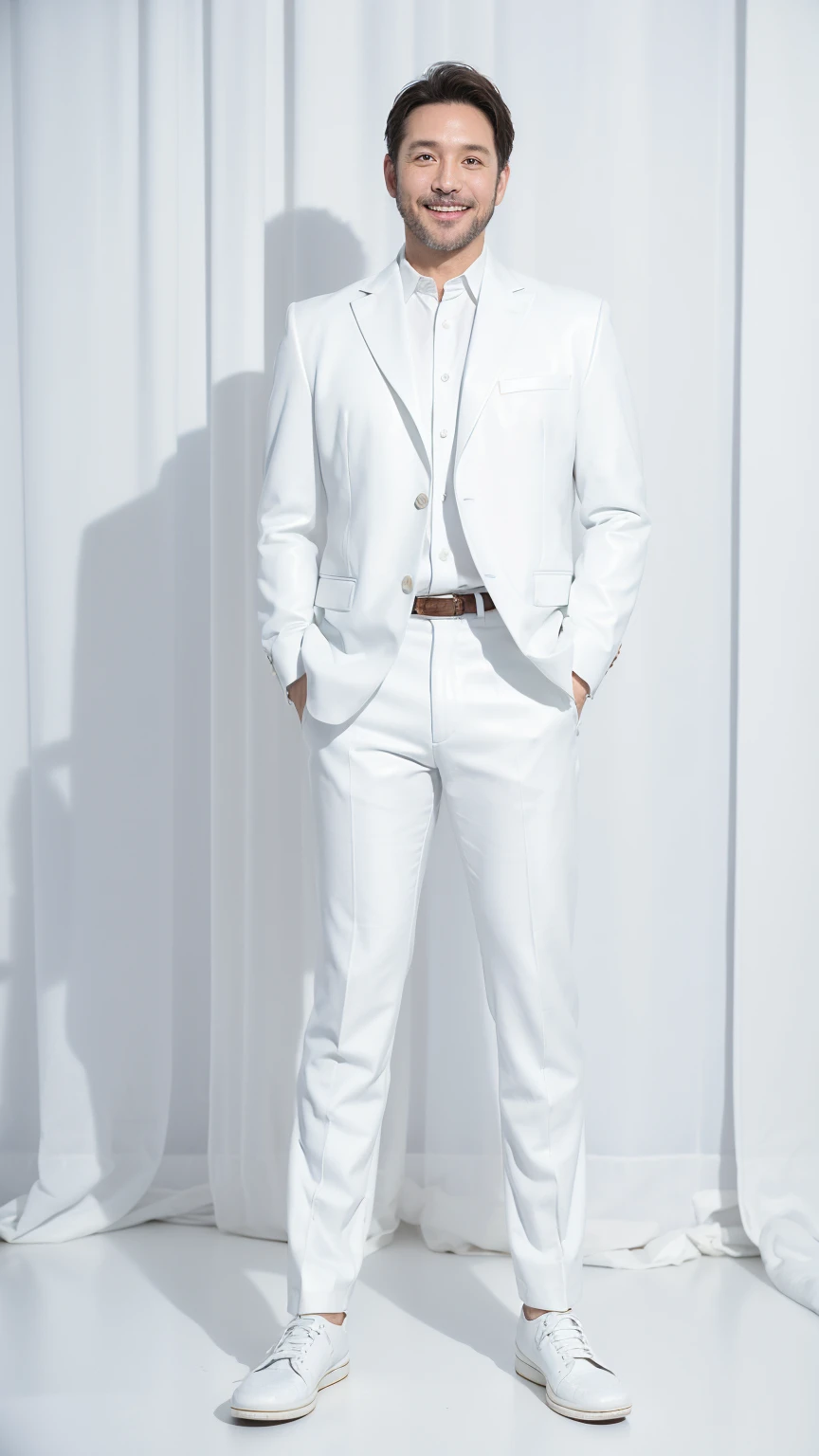 40-year-old man, Soft headlights,High-density imaging,(The face is clear and delicate),((White suit)),((Various dynamic poses)),((((Full body image)))),((White leather shoes)),((Smile)),((Background is white curtain)),best quality,masterpiece,(Soft colors:1.2)