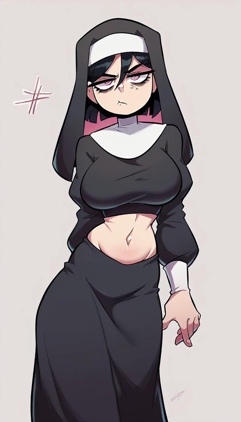 a woman nun giant big breast sexy bored serious sad emo sleepless eye sleep tired short black hair her pink eye dresses nuns suit shows navel and a long black skirt