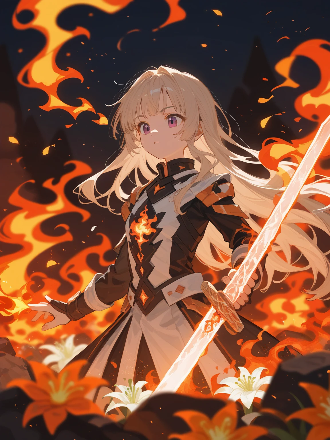 1 Girl, Bangs, breathing fire, combustion, Burnt clothes, ember, Ahog, Beige hair, Colorful hair, fire, fire焰, fire焰剑, (Hold the hilt of a sword in your hand), permanent, Long hair, fire力运动, Poker face, smokes, flower(Symbolism), Solitary, fireflower, Sunset, twilight, white flower, Molten Rock, lily (flower), fiery flower, Depth of Field, combustion ,