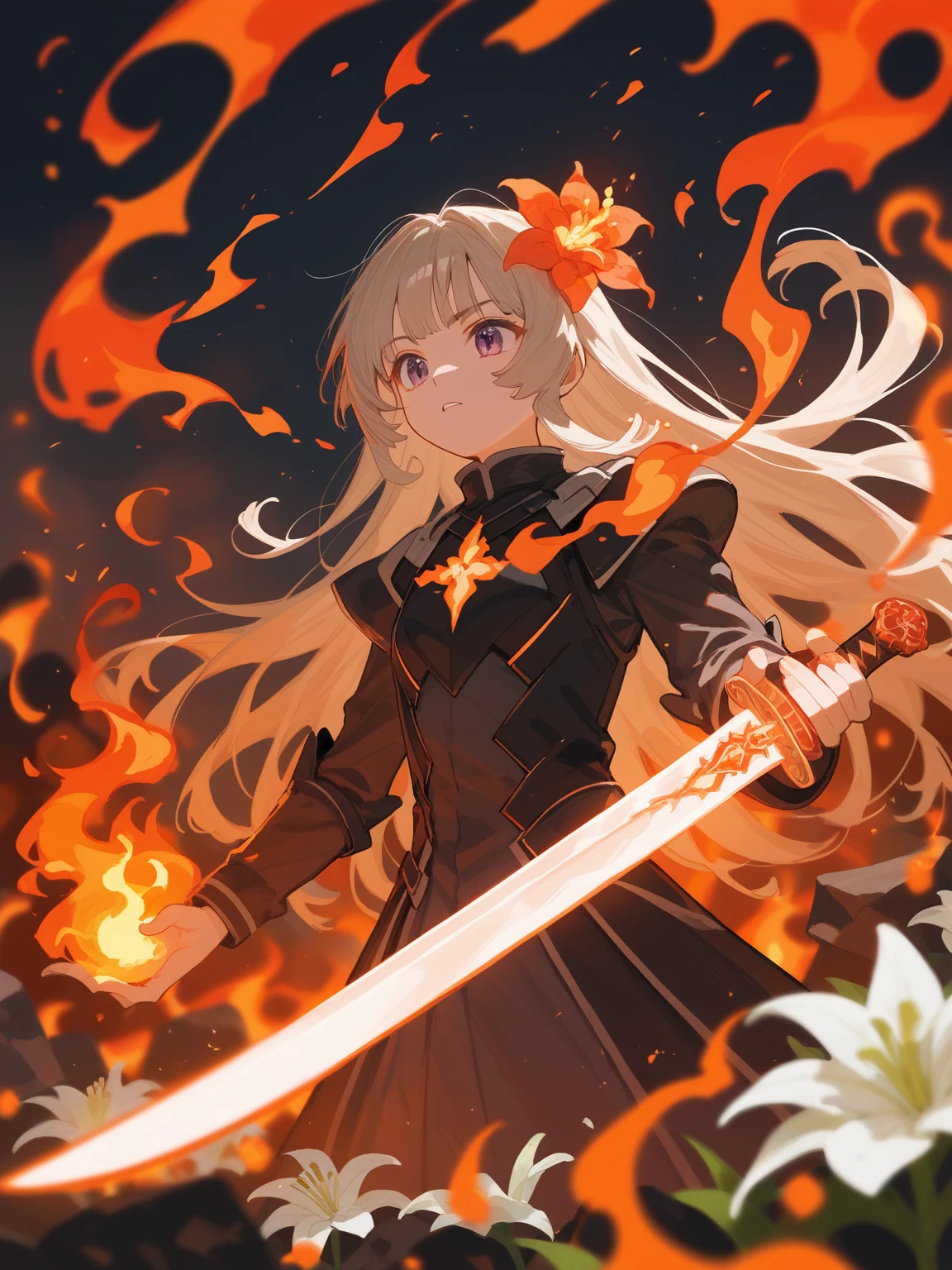1 Girl, Bangs, breathing fire, combustion, Burnt clothes, ember, Ahog, Beige hair, Colorful hair, fire, fire焰, fire焰剑, (Hold the hilt of a sword in your hand), permanent, Long hair, fire力运动, Poker face, smokes, flower(Symbolism), Solitary, fireflower, Sunset, twilight, white flower, Molten Rock, lily (flower), fiery flower, Depth of Field, combustion ,