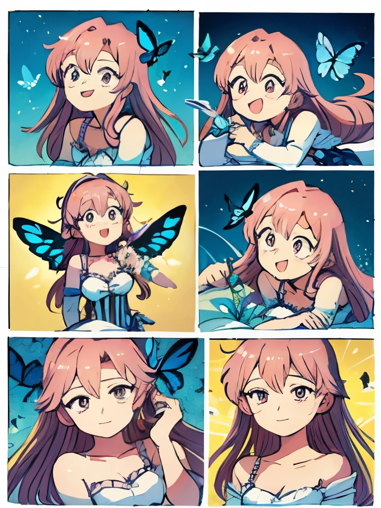 ((chibi,simple background, multiple expressions, multiple views,comic,koma,border,chibi,simple background))
(best quality,4k,8k, high res,masterpiece:1.2), ((masterpiece)), (((best quality))), Illustration, 1 girl, hair color, hairstyle fax, eyes, (best quality,4k,8k, high res,masterpiece:1.2), ((masterpiece)), (((best quality))), joyful pose, happy aura, tiny blue butterflies everywhere, 2d painting,
((masterpiece)), (((best quality))), Illustration, (blue butterflies), butterfly style, bubbly style, happy, pink, joyful happy-go-lucky pose, pink hair, adventurous, funny, friendly, pink eyes, sunny happy theme, pink fashion, happy pose, hairstyle fax, action, female, happy with butterflies and sunshine, charturnbetalora, big smile (ethereal being), ethereal pose, soft smile, (({comforting aura})), tiny blue stars everywhere, 2d painting, ({ethereal painting})