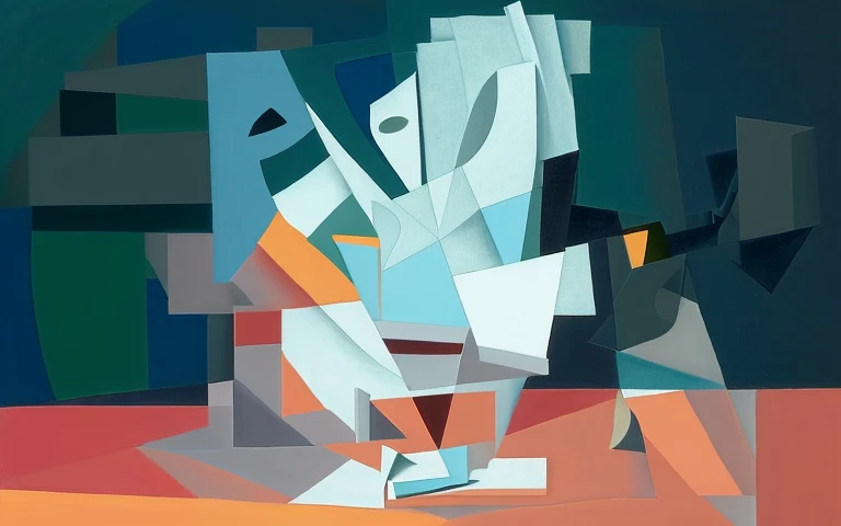 Juan Gris style，Cubism，Analyze the objects in the image，Refactoring，combination，And you can add a little Picasso style