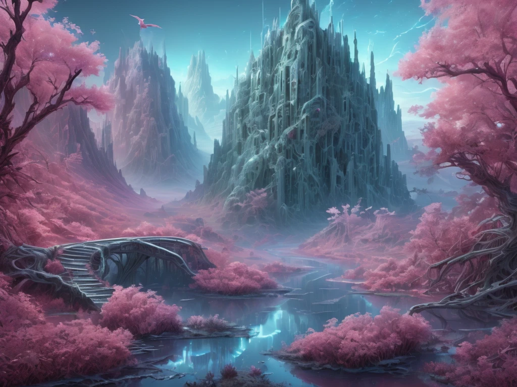 ((Best Quality)), ((Masterpiece)), ((Realistic Digital Art)), (Ultra Detailed),DonMR0s30rd3r Mythological Landscape Hiking Trail, Pink Valley, Dawn, Swamp Birds, Octane Rendering, Ray Tracing, Volumetric Lighting, Backlight, Rim Lighting, Blue Land, 8K, HDR