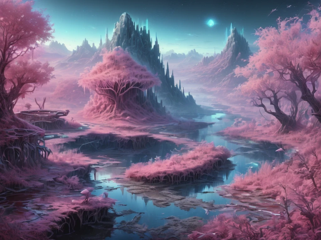 ((Best Quality)), ((Masterpiece)), ((Realistic Digital Art)), (Ultra Detailed),DonMR0s30rd3r Mythological Landscape Hiking Trail, Pink Valley, Dawn, Swamp Birds, Octane Rendering, Ray Tracing, Volumetric Lighting, Backlight, Rim Lighting, Blue Land, 8K, HDR