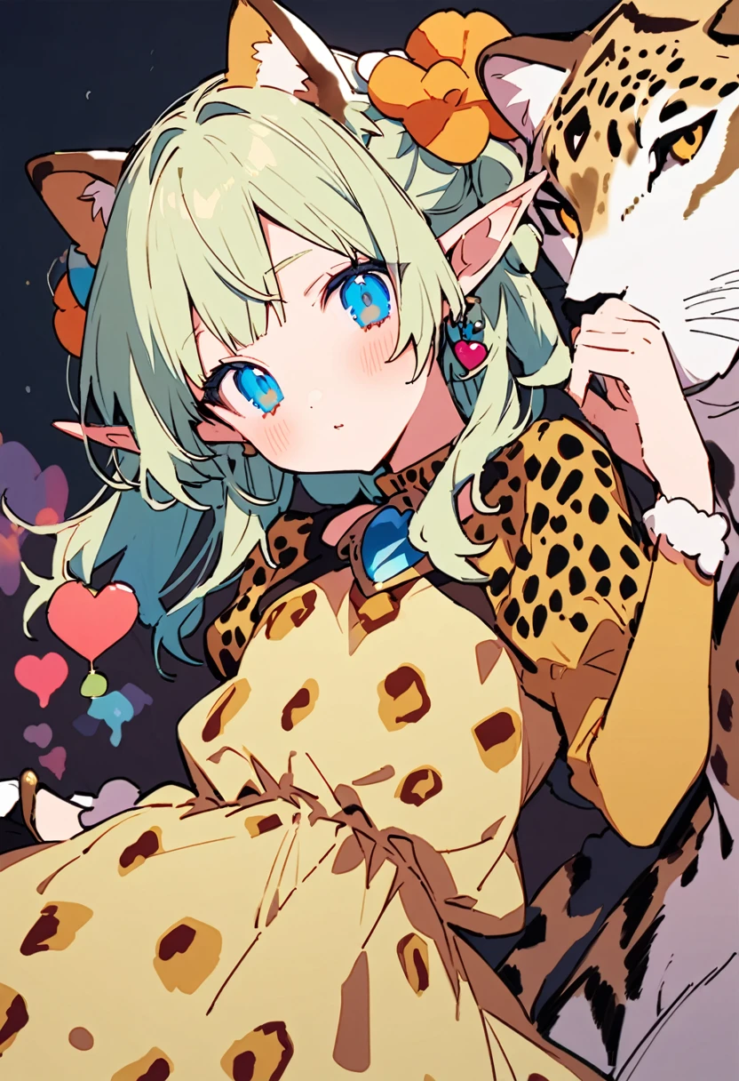 masterpiece, Highest quality, Illustration of the novel, High resolution, 18+ Adult content, Sensual, Intimate, Emotional, Passionate, romantic, sweet, Adorable, Innocent, Pure, charmな, charmな, charm, Mysterious, charmな, charmな, Immersive, charmな, dream-like, Surreal, Imaginative, Whimsical, artistic, Avant-garde, timeless, elegant, Sophisticated, chic, Sophisticated, Personality, original, charmな,(( Elf:1.3)),(A Cheetah/A cheetah/Cheetah Dress:1.3))、Upper Body、(a bit)