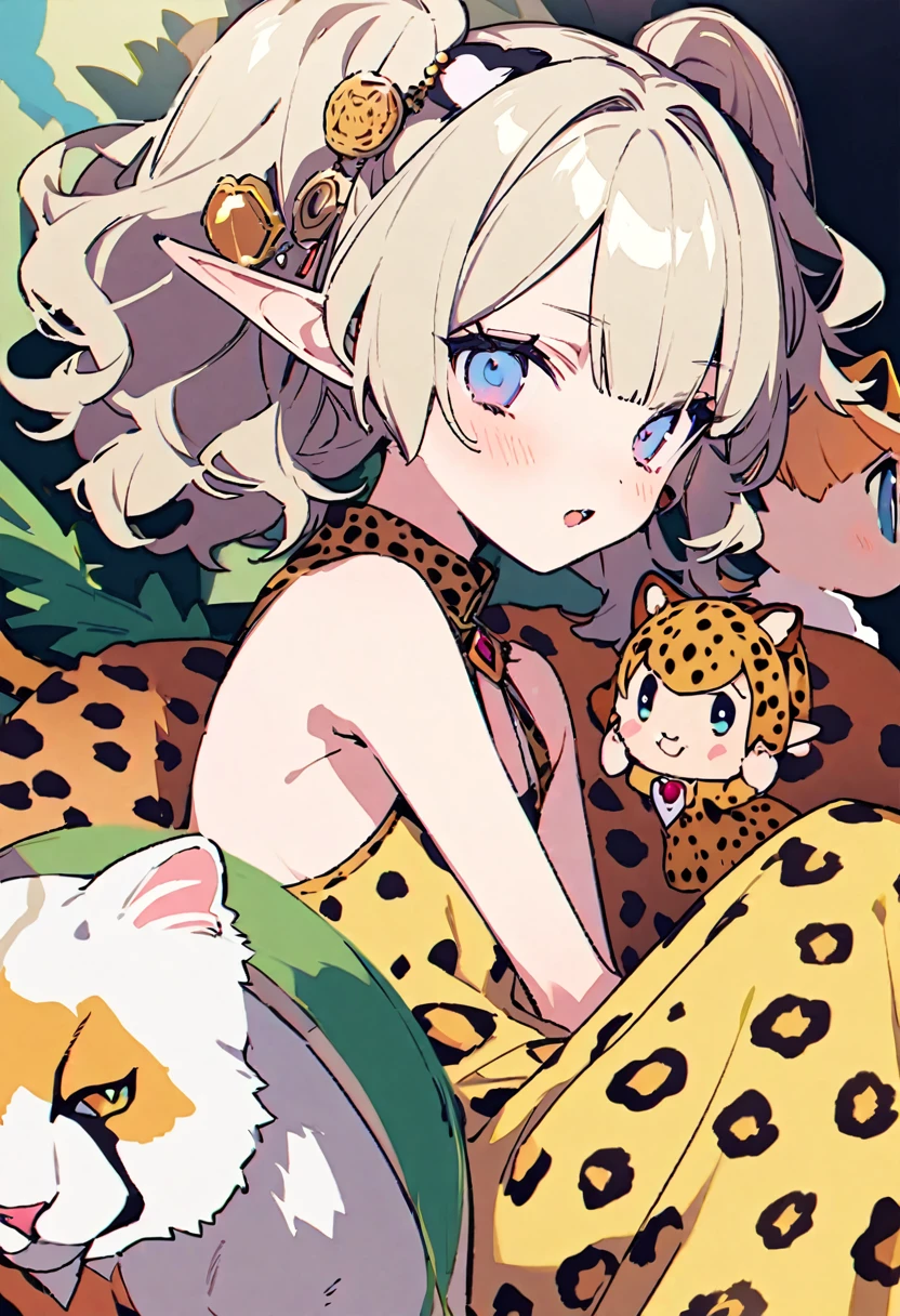 masterpiece, Highest quality, Illustration of the novel, High resolution, 18+ Adult content, Sensual, Intimate, Emotional, Passionate, romantic, sweet, Adorable, Innocent, Pure, charmな, charmな, charm, Mysterious, charmな, charmな, Immersive, charmな, dream-like, Surreal, Imaginative, Whimsical, artistic, Avant-garde, timeless, elegant, Sophisticated, chic, Sophisticated, Personality, original, charmな,((Loli Elf:1.3)),(A Cheetah/A cheetah/Cheetah Dress:1.3))、Upper Body、(a bit)