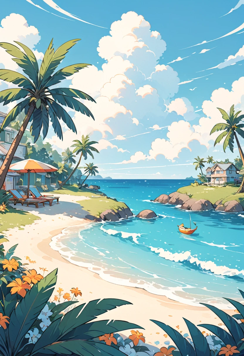 coconut tree，Cartoon，summer，Illustration style，Blue seaside，White clouds，Simple picture，Fresh；