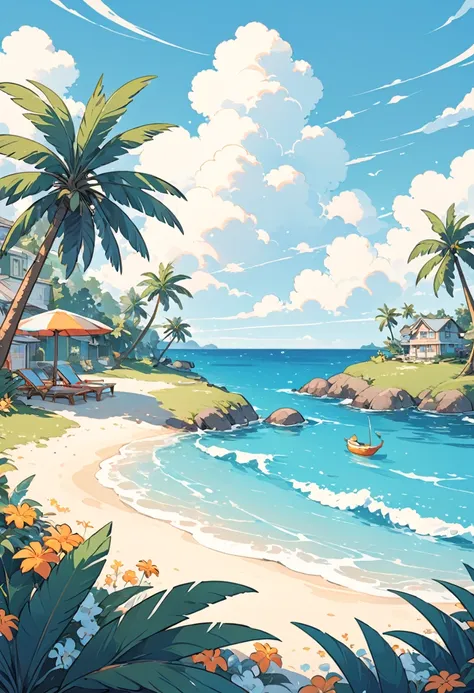 coconut tree，cartoon，summer，illustration style，blue seaside，white clouds，simple picture，fresh；