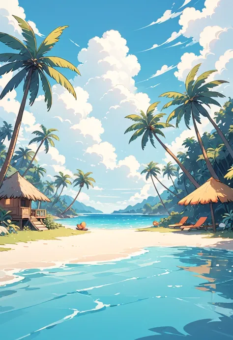 coconut tree，cartoon，summer，illustration style，blue seaside，white clouds，simple picture，fresh；