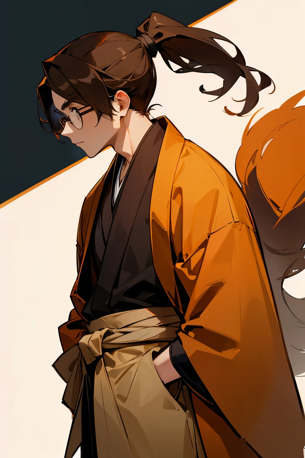 A man with a ponytail, glasses, and a brown kimono.
