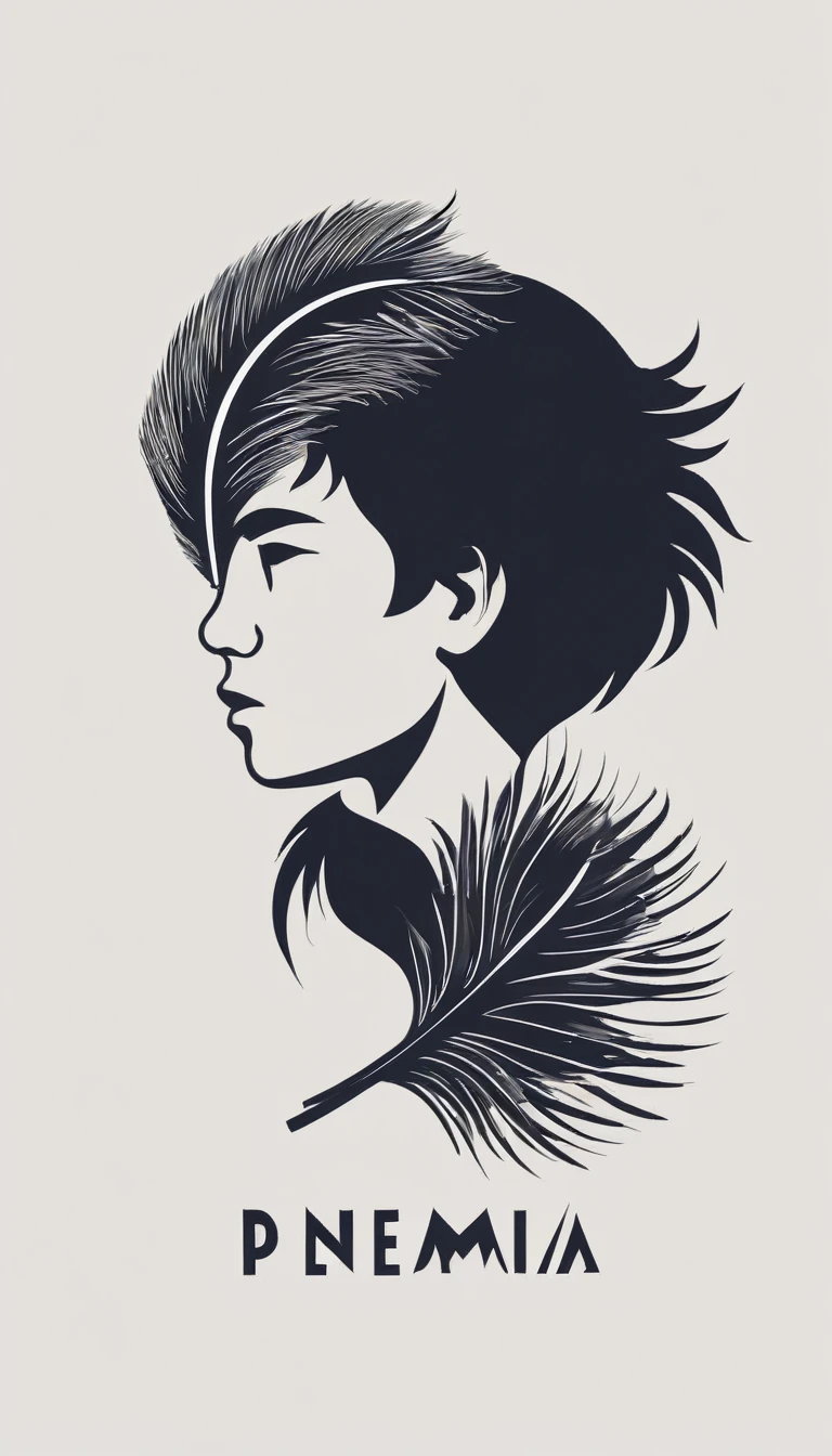 A minimal, modern, simple, cinematic logotype of a boy with a head full of feathers for the brand “Penamemoria" .