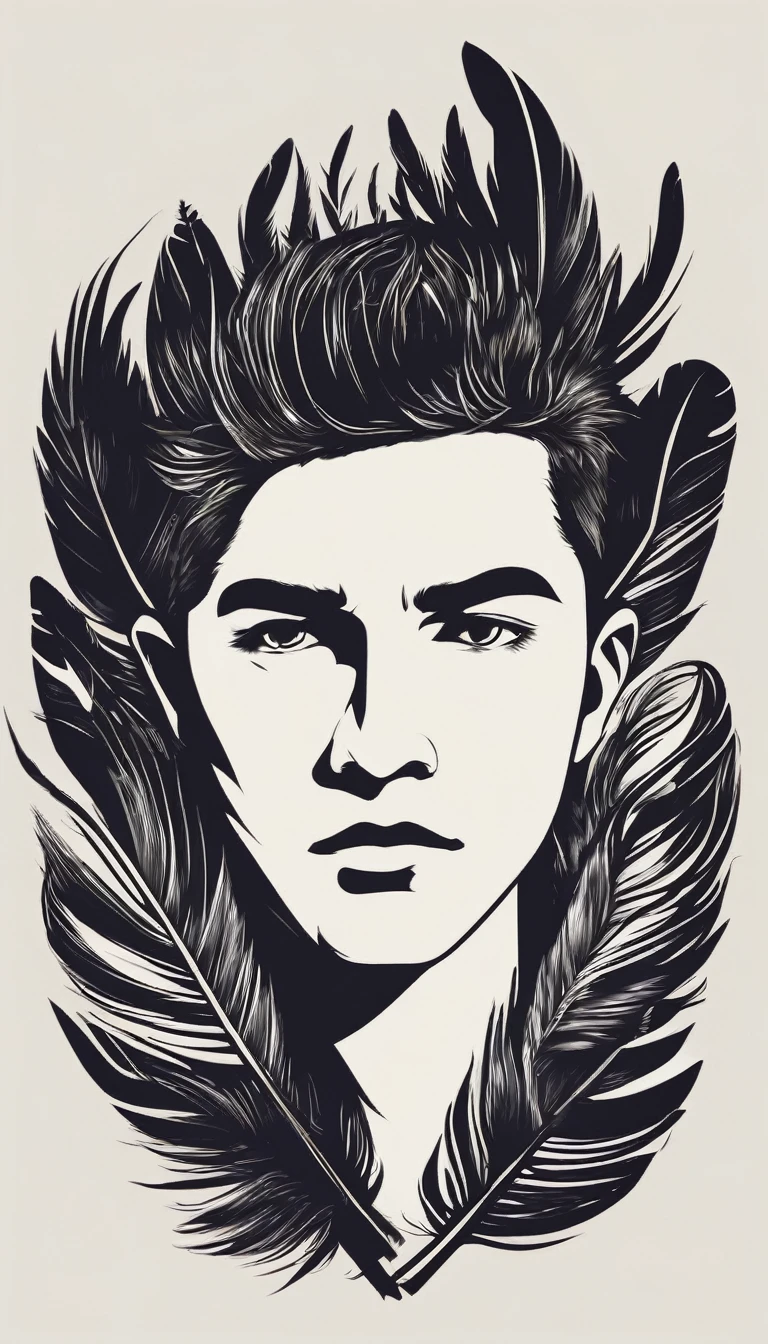 A minimal, modern, simple, cinematic logotype of a boy with a head full of feathers for the brand “Penamemoria" .