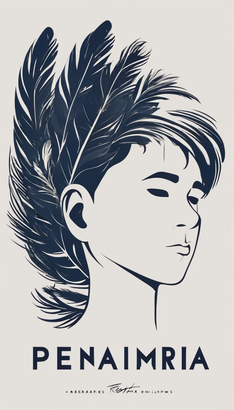 A minimal, modern, simple, cinematic logotype of a boy with a head full of feathers for the brand “Penamemoria" .