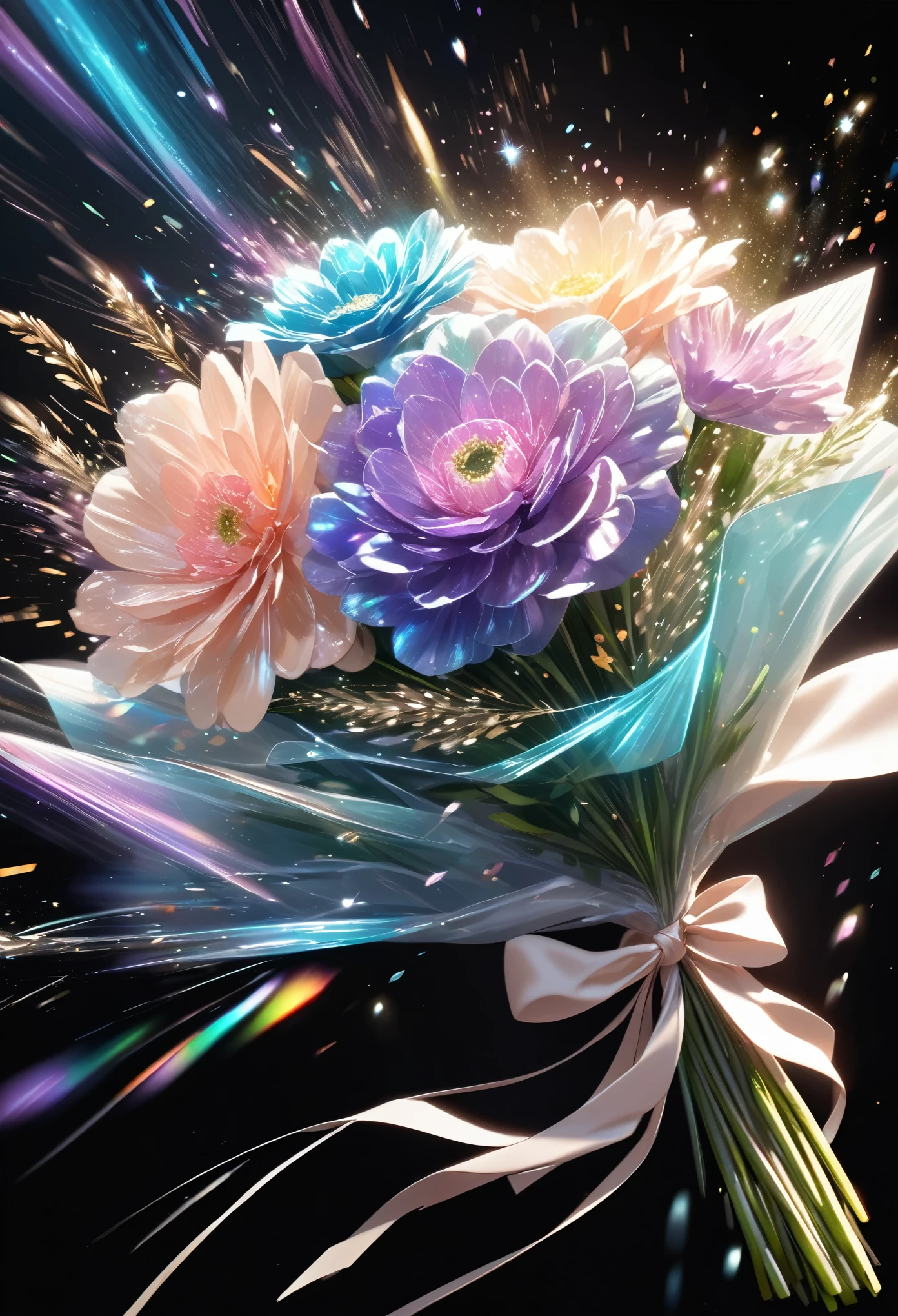 best quality, super fine, 16k, 2.5D, delicate and dynamic, transparent translucent iridescent bouquet flying in the air in slow motion, (action blur, motion blur, speed lines:0.5), glitter effect, dark background
