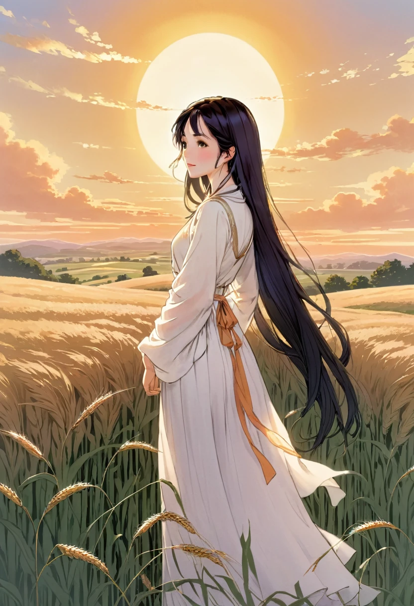 a woman with long black hair and white dress is standing in wheat meadow, looking at sun set, manga style, digital art, by Marshall Arisman, cover illustration, 70mm, 7 0 mm, 70 mm, book cover illustration, by Brigette Barrager, album cover, novel cover art for a book, art concept for a book cover, cover art, 7 feet tall,