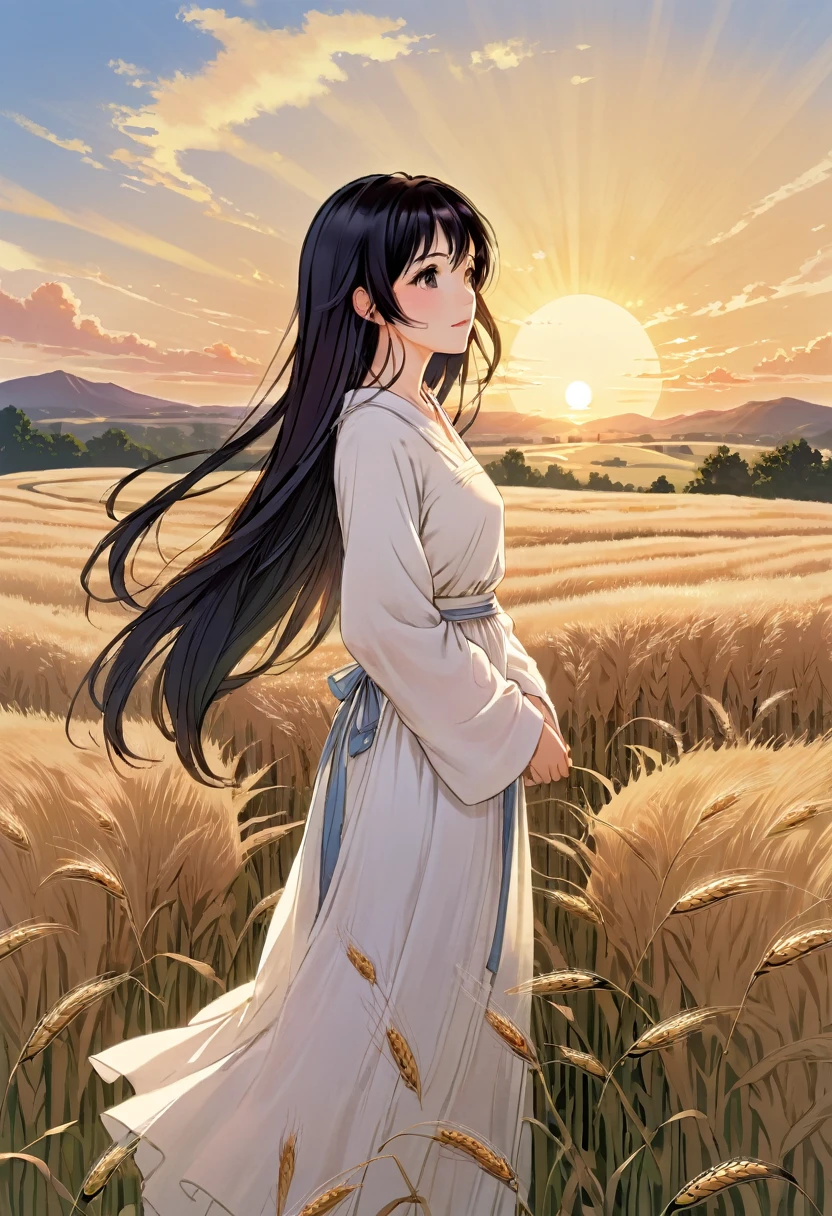 a woman with long black hair and white dress is standing in wheat meadow, looking at sun set, manga style, digital art, by Marshall Arisman, cover illustration, 70mm, 7 0 mm, 70 mm, book cover illustration, by Brigette Barrager, album cover, novel cover art for a book, art concept for a book cover, cover art, 7 feet tall,